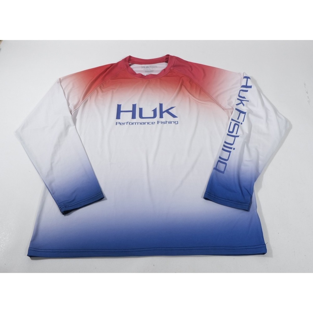Huk Fishing Shirt Mens L Red White Blue Performance Pursuit Ombre Long Sleeve